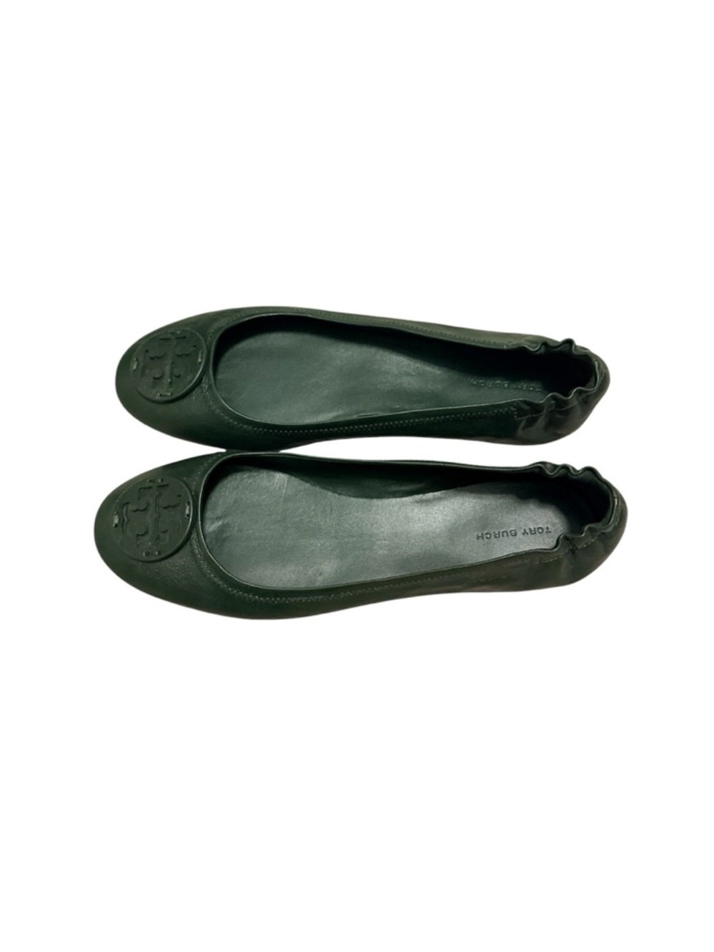NWOT Tory Burch Dark Green Leather Logo Ballet Flats